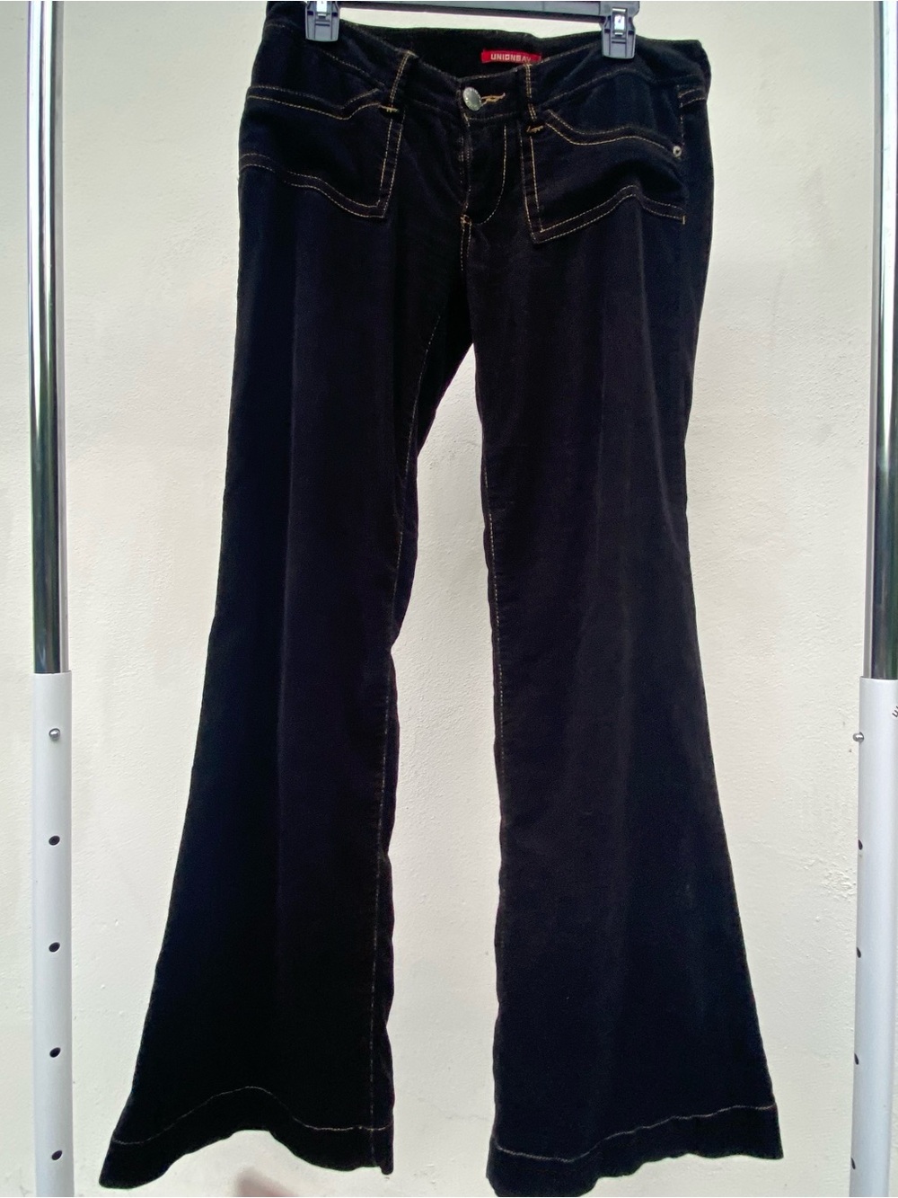 Y2K Union Bay Black Corduroy Contrast Stitch Low Rise Flare Pants Size 7